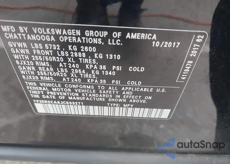 2018 Volkswagen Atlas 3.6L V6 Sel z USA, uszkodzony, nr VIN 1V2ER2CA6JC533271